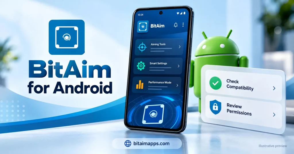 Three illustrated stages for downloading and installing BitAim APK.